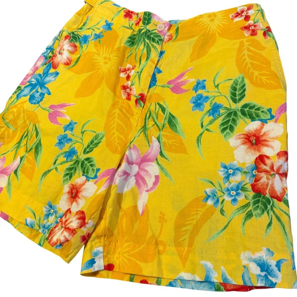 Lauren Ralph Lauren Shorts Womens 6 Yellow Floral Tropical 100% Linen High Rise